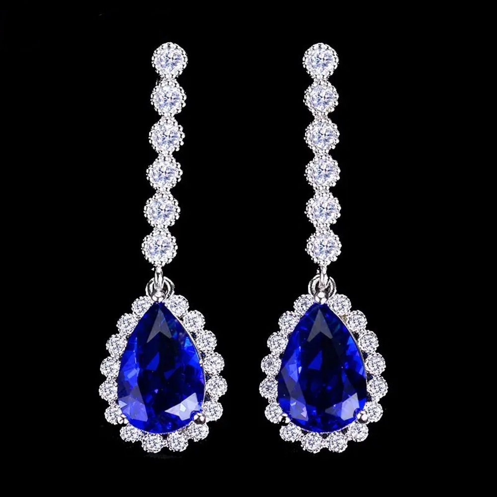 Blue Sapphire Tear Drop Wheat Beans Round Bead Chained Pear Cut Earrings